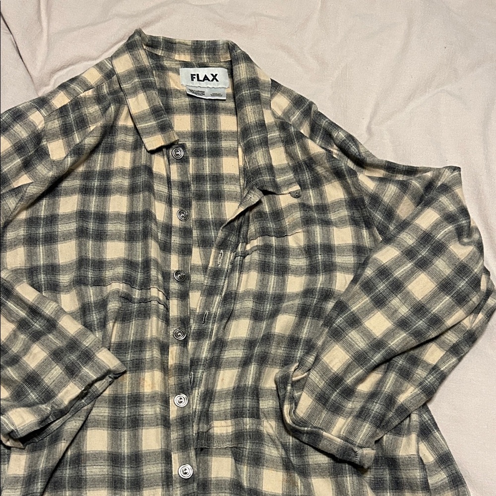Flax Men's Casual Plaid Shirt - Black and Cream 100% Cotton
